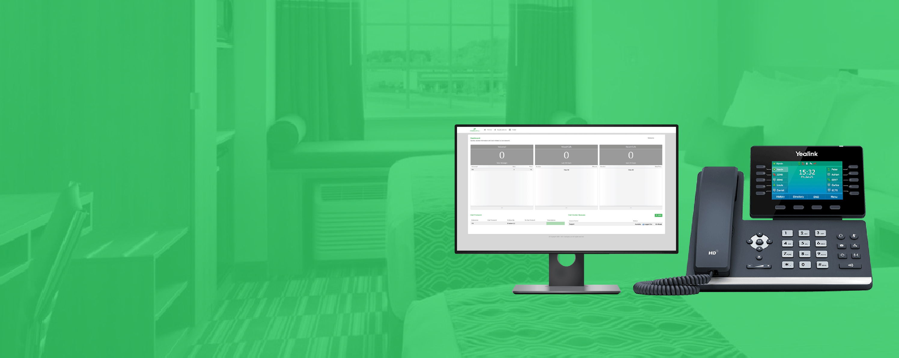 Frequency SE admin portal on a monitor beside a Yealink desk phone in a hotel room